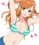  1girl armpits arms_behind_head arms_up bikini bikini_top_only blue_pants blush breasts chiya_op cleavage earrings heart highres jewelry large_breasts long_hair midriff nami_(one_piece) one_piece orange_eyes orange_hair pants pearl_earrings shoulder_tattoo solo swimsuit tattoo tongue tongue_out upper_body 