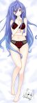  1girl artist_name blue_hair bra breasts choujigen_game_neptune cleavage dakimakura_(medium) hair_between_eyes highres iris_heart lingerie long_hair looking_at_viewer lying medium_breasts neptune_(series) on_back on_bed panties red_bra red_eyes red_panties signature solo spleeny underwear underwear_only 