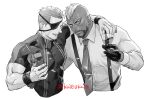  2boys alcohol beard black_gloves black_necktie blonde_hair collared_shirt cup dark-skinned_male dark_skin drinking_glass eyepatch facial_hair formal glass gloves goatee highres holding katou_teppei looking_at_viewer male_focus mature_male monochrome multiple_boys muscular necktie ramon_(kof) seth_(kof) shirt smile the_king_of_fighters white_hair wine wine_glass wristband 
