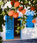  branch building commentary door english_commentary food fruit highres leaf libbyframe no_humans orange_(fruit) original outdoors plant scenery signature simple_background still_life tree 