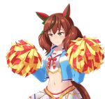  alternate_costume animal_ears blush brown_eyes cheerleader commentary_request groin highres horse_ears horse_girl horse_tail jacket midriff navel nice_nature_(run&amp;win)_(umamusume) nice_nature_(umamusume) pom_pom_(cheerleading) red_hair shiodanx smile sweat tail umamusume white_background 