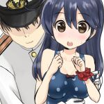  1boy 1girl admiral_(kancolle) black_hair blue_one-piece_swimsuit breasts brown_eyes casual_one-piece_swimsuit hat kantai_collection kujira_naoto long_hair medium_breasts military military_uniform naval_uniform official_alternate_costume one-piece_swimsuit open_mouth peaked_cap polka_dot polka_dot_swimsuit scrunchie swimsuit uniform upper_body ushio_(kancolle) wrist_scrunchie 