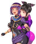  2girls :q black_hair blue_eyes blush breast_grab breasts clothing_cutout eye_(mememem) grabbing grabbing_from_behind han_juri menat multiple_girls navel navel_cutout open_mouth purple_eyes purple_hair street_fighter teeth tongue tongue_out upper_teeth usekh_collar yuri 