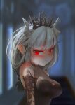  1girl alternate_costume bangs bare_shoulders blurry blurry_background breasts commentary depth_of_field derkui_(sdxawqecz) frown halterneck helltaker horns indoors long_hair looking_at_viewer lucifer_(helltaker) medium_breasts red_eyes solo tiara upper_body wavy_mouth white_hair 