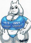  2022 anthro big_breasts biped black_outline blue_clothing blush breasts clothed clothing cute_fangs female front_view hands_on_hips hi_res huge_breasts marker_(artwork) outline parasitedeath pasties portrait simple_background skimpy smile solo spanish_text text thick_thighs thong three-quarter_portrait toriel traditional_media_(artwork) undertale_(series) underwear white_background white_body wide_hips 