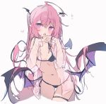  1girl ahoge bikini black_bikini blush cowboy_shot demon_wings fang furrowed_brow head_rest head_wings heart highres jacket long_hair long_sleeves looking_to_the_side low_wings micro_bikini o_(jshn3457) original pink_hair pointy_ears purple_eyes see-through see-through_jacket sidelocks skin_fang solo swimsuit thigh_strap very_long_hair white_background wings 