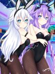  2girls animal_ears artist_name ass bare_arms bare_shoulders black_heart black_leotard black_pantyhose blue_eyes breasts choujigen_game_neptune cleavage fishnet_pantyhose fishnets highres large_breasts leotard long_hair looking_at_viewer multiple_girls neptune_(series) pantyhose playboy_bunny purple_hair purple_heart rabbit_ears spleeny standing thighs very_long_hair white_hair 