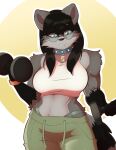  anthro black_hair black_nose breasts clothed clothing collar evonallure exercise eyewear female fur glasses grey_body grey_fur hair mammal midriff procyonid raccoon shirt solo tank_top topwear weightlifting workout 