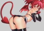  1girl absurdres ass bent_over bikini bikini_top_only bikini_under_clothes black_bikini black_gloves black_panties black_skirt black_thighhighs blush breasts closed_mouth cowboy_shot demon_girl demon_tail demon_wings disgaea earrings elbow_gloves etna_(disgaea) frown gloves hair_between_eyes hand_on_own_cheek hand_on_own_face highres jewelry looking_at_viewer looking_back medium_hair microskirt nanja panties pointy_ears red_eyes red_hair signature simple_background skindentation skirt skull_earrings slit_pupils small_breasts solo standing string_panties studded_bracelet swimsuit tail thighhighs thong twintails underwear v-shaped_eyebrows white_background wings 