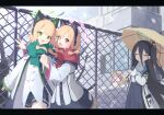  4girls ^_^ absurdres aris_(blue_archive) black_hair blonde_hair blue_archive bow cat_ear_headphones closed_eyes fence green_bow green_eyes green_scarf hair_between_eyes hair_bow halo headphones highres holding holding_umbrella jacket letterboxed long_hair midori_(blue_archive) mishuo_(misuo69421) momoi_(blue_archive) multiple_girls open_mouth outdoors red_bow red_eyes red_hair red_scarf scarf short_hair siblings side_ponytail sisters smile snow twins umbrella very_long_hair white_jacket yuzu_(blue_archive) 