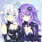  2girls aqua_eyes artist_name black_bodysuit black_gloves black_heart blue_eyes bodysuit breasts choujigen_game_neptune cleavage elbow_gloves gloves highres holding_hands large_breasts long_hair looking_at_viewer multiple_girls neptune_(series) purple_bodysuit purple_hair purple_heart signature smile spleeny white_hair 