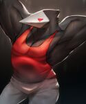  anthro avian big_muscles black_body black_feathers bottomwear clothed clothing deltarune feathers hands_behind_head huzzhuz male muscular muscular_anthro muscular_male pants pecs shirt solo swatchling tank_top topwear undertale_(series) video_games 