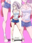  1girl artist_name baron_(varon666) blue_shorts breasts camisole cleavage collarbone covered_navel denim denim_shorts full_body fuuto_tantei high_ponytail highres kamen_rider kamen_rider_w large_breasts long_hair looking_at_viewer purple_eyes purple_hair short_shorts shorts solo standing tokime_(fuuto_tantei) twitter_username white_camisole 