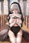  1girl alternate_costume artist_name black_dress blue_eyes breasts church cleavage_cutout closed_mouth clothing_cutout commentary dress english_commentary exlic eyes_visible_through_hair habit highres indoors interlocked_fingers kneeling large_breasts legs_together looking_at_viewer nier_(series) nier_automata on_floor own_hands_together paid_reward_available pelvic_curtain short_hair solo stained_glass thighhighs white_hair white_thighhighs window wooden_floor yorha_no._2_type_b 