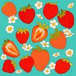  blue_background commentary english_commentary flower food food_focus fruit highres libbyframe no_humans original plant signature simple_background still_life strawberry white_flower 