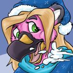  anthro avian beak bird blonde_hair clothed clothing feathers female flinters green_eyes hair open_beak open_mouth pink_body pink_feathers snow snowball solo toulia 
