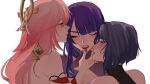  3girls blush bucumberr closed_eyes genshin_impact highres kujou_sara looking_at_another multiple_girls parted_lips pink_hair purple_eyes purple_hair raiden_shogun red_lips short_hair upper_body yae_miko yellow_eyes yuri 