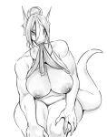  anthro big_breasts biting_shirt breasts clothing dragon female fin glacierclear hair hair_bun hi_res looking_at_viewer monochrome nipples solo 