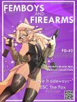  2022 4_fingers anthro black_clothing black_swimwear blonde_hair choker clothing cover english_text fingers girly gun hair hi_res jacket jewelry legwear magazine_(gun) magazine_cover male marcus_gray necklace ranged_weapon rifle shell_(projectile) solo swimwear text thigh_highs topwear weapon 