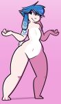  2018 anthro blue_ears blue_hair blue_tail dogfluid ear_markings facial_markings female fur green_eyes hair head_markings hi_res long_ears markings multicolored_body multicolored_fur navel paws pink_body pink_fur pink_tail signature smile solo species_request two_tone_body two_tone_fur white_body white_ears white_fur white_tail wide_hips 