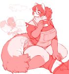  anthro big_breasts big_butt breasts butt canid canine clothed clothing controller duo eyewear facesitting female fluffy fluffy_tail fully_clothed gaming glasses hi_res iriedono kneeling male mammal monochrome neck_tuft overalls question_mark raccoon_dog shirt tanuki television thick_thighs topwear tuft video_games 