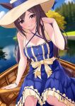  1girl alternate_costume animal_ears black_hair blurry blurry_background blush boat breasts cleavage collarbone commentary_request dress herohero_(higashi_no_dou) highres horse_ears horse_tail medium_breasts mejiro_dober_(umamusume) pov river sky smile tail umamusume watercraft 