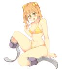  1girl :d amputee bangs bikini blonde_hair blush full_body green_eyes hair_bobbles hair_ornament ibarazaki_emi katawa_shoujo medium_hair naughty_face navel prosthesis prosthetic_leg rtil sitting smile strap_pull swimsuit twintails yellow_bikini 