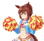  alternate_costume alternate_hairstyle animal_ears blush brown_eyes cheerleader commentary_request groin highres horse_ears horse_girl horse_tail jacket midriff navel nice_nature_(run&amp;win)_(umamusume) nice_nature_(umamusume) pom_pom_(cheerleading) red_hair shiodanx smile sweat tail umamusume white_background 