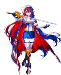  1girl alear_(fire_emblem) alear_(fire_emblem)_(female) armor bangs blue_eyes blue_hair blush boots braid breasts cape character_name crossed_bangs crown_braid fire_emblem fire_emblem_engage full_body gloves heterochromia highres holding holding_sword holding_weapon jewelry long_hair medium_breasts mika_pikazo multicolored_hair official_art pointy_footwear red_eyes red_hair smile solo split-color_hair sword tiara two-tone_hair very_long_hair weapon white_background 