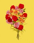  bouquet commentary english_commentary flower flower_focus highres leaf libbyframe lily_(flower) no_humans orange_flower original pink_flower pink_rose plant red_flower red_rose rose signature simple_background still_life yellow_background 