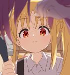  2girls bangs blonde_hair blurry blurry_background blurry_foreground bocchi_the_rock! braid closed_mouth collared_shirt depth_of_field female_pov gotou_hitori hair_brush highres holding holding_brush ijichi_nijika indoors light_smile long_hair looking_at_viewer meito_(maze) multiple_girls pink_hair pov red_eyes shirt side_ponytail sidelocks solo_focus upper_body white_shirt 