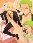  2boys blonde_hair box collage collared_shirt curly_eyebrows facial_hair gift gift_box goatee green_hair hair_over_one_eye hand_under_clothes highres loose_necktie male_focus miniboy multiple_boys multiple_views necktie one_piece pectoral_cleavage pectorals roronoa_zoro sanji_(one_piece) scar scar_across_eye shirt short_hair shouting tongue tongue_out translation_request ynnn_m 