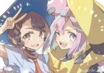  2girls bow-shaped_hair character_hair_ornament hair_ornament iono_(pokemon) juliana_(pokemon) long_hair low-tied_long_hair multicolored_hair multiple_girls nanashino_(7shino_gs) naranja_academy_uniform oversized_clothes pokemon pokemon_(game) pokemon_sv sharp_teeth sleeves_past_fingers sleeves_past_wrists split-color_hair teeth very_long_sleeves x 