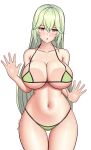  1girl absurdres against_fourth_wall against_glass bikini breast_press breasts breasts_on_glass cleavage collarbone cowboy_shot curvy erato_(last_origin) green_hair hair_between_eyes hands_up heart heart-shaped_pupils highres huge_breasts last_origin long_hair looking_at_viewer makslus70 micro_bikini navel open_mouth orange_eyes simple_background solo straight-on swimsuit symbol-shaped_pupils thick_thighs thigh_gap thighs wide_hips 