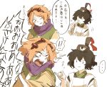  !? 2others androgynous black_eyes black_hair brown_hairband closed_mouth commentary_request detached_sleeves hairband hemo_(hemoroda) japanese_clothes kariginu len&#039;en multiple_others nose_picking open_mouth orange_eyes orange_hair other_focus purple_scarf scarf senri_tsurubami short_hair shouting simple_background spoken_interrobang translation_request white_background zuifeng_tenkai 