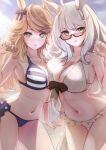  2girls absurdres ahoge animal_ears asymmetrical_docking bangs bare_shoulders bikini biwa_hayahide_(umamusume) blonde_hair blue_eyes blue_nails blue_sky breast_press breasts claw_pose commentary cowboy_shot day glasses gold_city_(umamusume) grey_bikini hand_up highres horse_ears large_breasts long_hair looking_at_viewer multiple_girls nail_polish navel outdoors parted_lips red-framed_eyewear red_nails shiratsuki_(1ka6969) side-tie_bikini_bottom sky standing stomach striped striped_bikini swept_bangs swimsuit thighs umamusume very_long_hair white_hair 