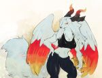 anthro black_nose bottomwear breasts cleavage clothed clothing crop_top dragon female fur hand_on_hip hi_res horn multicolored_body multicolored_fur navel orange_body orange_fur pants red_body red_eyes red_fur shirt simple_background solo standing thwillartz topwear white_body white_fur wings yellow_body yellow_fur 