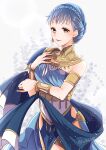  1girl alternate_costume armlet armor blue_dress blue_hair bracelet braid brown_eyes commentary_request crown_braid dancer dancer_(three_houses) dress earrings fingernails fire_emblem fire_emblem:_three_houses fire_emblem_heroes hand_on_own_chest highres jewelry lips looking_at_viewer marianne_von_edmund official_alternate_costume parted_lips pink_lips shawl short_hair shoulder_armor single-shoulder_dress sleeveless sleeveless_dress smile solo twitter_username yutohiroya 
