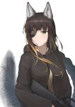  1girl animal_ear_fluff animal_ears assault_rifle bangs blush brown_hair brown_jacket closed_mouth commentary eien_(x0b3o6x7) eyepatch girls&#039;_frontline gun holding holding_gun holding_weapon jacket lips long_hair long_sleeves looking_away m16a1 m16a1_(girls&#039;_frontline) mole mole_under_eye multicolored_hair rifle shirt solo streaked_hair tail upper_body weapon white_background wolf_ears wolf_tail yellow_eyes yellow_shirt 