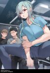  1girl 2boys :o aqua_hair black_hair blush breasts brown_hair cameltoe collarbone exercise heavy_breathing jjune large_breasts looking_down multiple_boys original pointing red_eyes short_hair sidelocks sitting spread_legs steam sweat trembling wide_spread_legs 