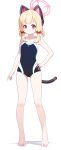  1girl absurdres animal_ear_headphones animal_ears barefoot blonde_hair blue_archive blue_one-piece_swimsuit bow cat_ear_headphones cat_ears cat_tail competition_swimsuit fake_animal_ears fake_tail feet hair_bow halo hand_on_hip headphones highres legs momoi_(blue_archive) one-piece_swimsuit pn_(wnsl216) red_eyes ribbon short_hair smile solo swimsuit tail thighs toes 