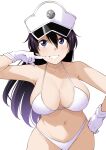  1girl bambietta_basterbine barkhorn0331 bikini black_hair bleach bleach:_the_thousand-year_blood_war blue_eyes breasts cleavage collarbone gloves grin hat highres large_breasts long_hair looking_at_viewer midriff military_hat navel simple_background smile swimsuit white_background white_bikini white_gloves 
