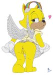  &lt;3 angel_(toontown) anthro bottomwear clothing domestic_cat earmuffs felid feline felis female freckles fur gloves handwear mammal rainbow skirt solo toontown_corporate_clash toontown_online toony toony_eyes uenii wings yellow_body yellow_fur 