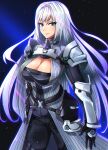  1girl armor bangs blue_eyes breast_tattoo breasts cleavage cleavage_cutout closed_mouth clothing_cutout ethel_(xenoblade) grey_hair highres holding large_breasts long_hair looking_at_viewer shoulder_armor simple_background solo sword tattoo to_(tototo_tk) upper_body very_long_hair weapon xenoblade_chronicles_(series) xenoblade_chronicles_3 