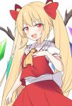  1girl alternate_hair_length alternate_hairstyle ascot back_bow bangs blonde_hair blush bow breasts collared_shirt crystal e.o. flandre_scarlet grey_bow hair_between_eyes hair_bow hand_on_own_chest hand_up highres jewelry looking_at_viewer multicolored_wings no_headwear open_mouth puffy_short_sleeves puffy_sleeves red_bow red_eyes red_skirt red_vest shirt short_sleeves sidelocks simple_background skirt skirt_set small_breasts smile solo standing touhou twintails v-shaped_eyebrows vest white_background white_shirt wings yellow_ascot 