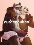  2022 anthro belly brown_body bulge butt canid canine clothing duo embrace hi_res hug humanoid_hands lutrine male male/male mammal mustelid overweight overweight_male rudderbutts skrawl underwear 