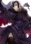  1girl absurdres arm_up armor armored_dress bangs black_gloves black_thighhighs breasts cape chain cowboy_shot cross dress fate/grand_order fate_(series) flag fur-trimmed_cape fur_trim gloves grey_hair hair_between_eyes headpiece highres jeanne_d&#039;arc_alter_(avenger)_(fate) jeanne_d&#039;arc_alter_(fate) jinkoshi_itori large_breasts long_sleeves looking_at_viewer parted_lips purple_cape purple_dress short_hair side_slit simple_background smirk solo thighhighs torn_cape torn_clothes white_background yellow_eyes 
