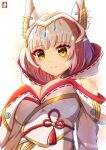  1girl animal_ears bangs bare_shoulders breasts chinchongcha cleavage crown from_above gold_trim green_eyes highres hood large_breasts looking_at_viewer nia_(xenoblade) rope shimenawa solo spoilers watermark xenoblade_chronicles_(series) xenoblade_chronicles_2 xenoblade_chronicles_3 