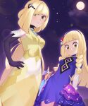  2girls absurdres bangs blonde_hair blunt_bangs braid breasts closed_mouth commentary_request dress elbow_gloves eyelashes from_below frown gazing_eye gloves green_eyes hair_ornament hairband hand_on_hip highres lillie_(anniversary_2021)_(pokemon) lillie_(pokemon) long_hair looking_at_viewer lusamine_(pokemon) lusamine_(sygna_suit)_(pokemon) moon mother_and_daughter multiple_girls night official_alternate_costume outdoors pokemon pokemon_(game) pokemon_masters_ex sleeveless sleeveless_dress twin_braids yellow_dress 