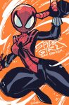  1girl absurdres animification bodysuit breasts character_name commentary highres looking_at_viewer marvel mask mayday_parker medium_breasts orange_background rariatto_(ganguri) red_bodysuit solo spider-girl spider-man_(series) spider_web_print superhero symbol-only_commentary 